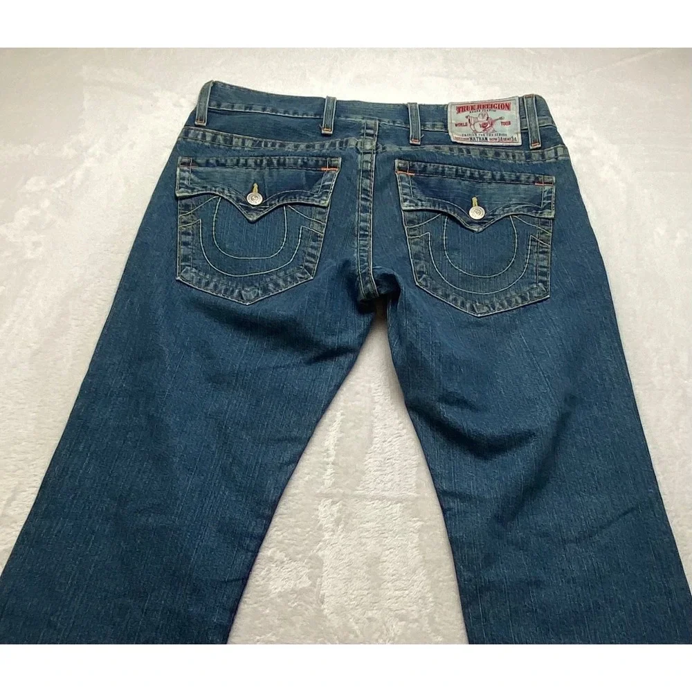 True Religion Nathan Straight Leg Jeans Mens 34x34 Blue Denim Made in USA Button